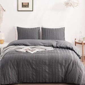 Warmdern Gray Textured Duvet Cover Set Queen | Microfiber Zip Closure